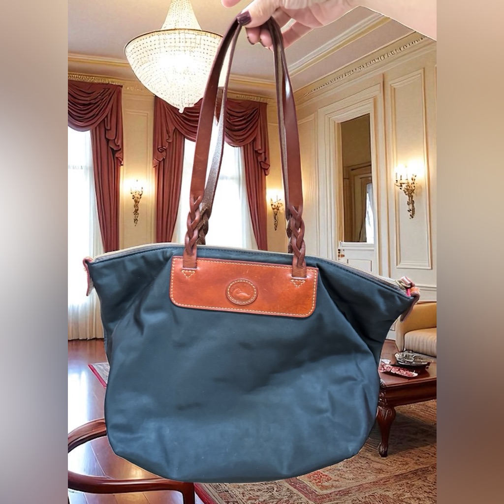 Dooney & Bourke Black Nylon & Brown Leather Tote Shoulder Hand Bag